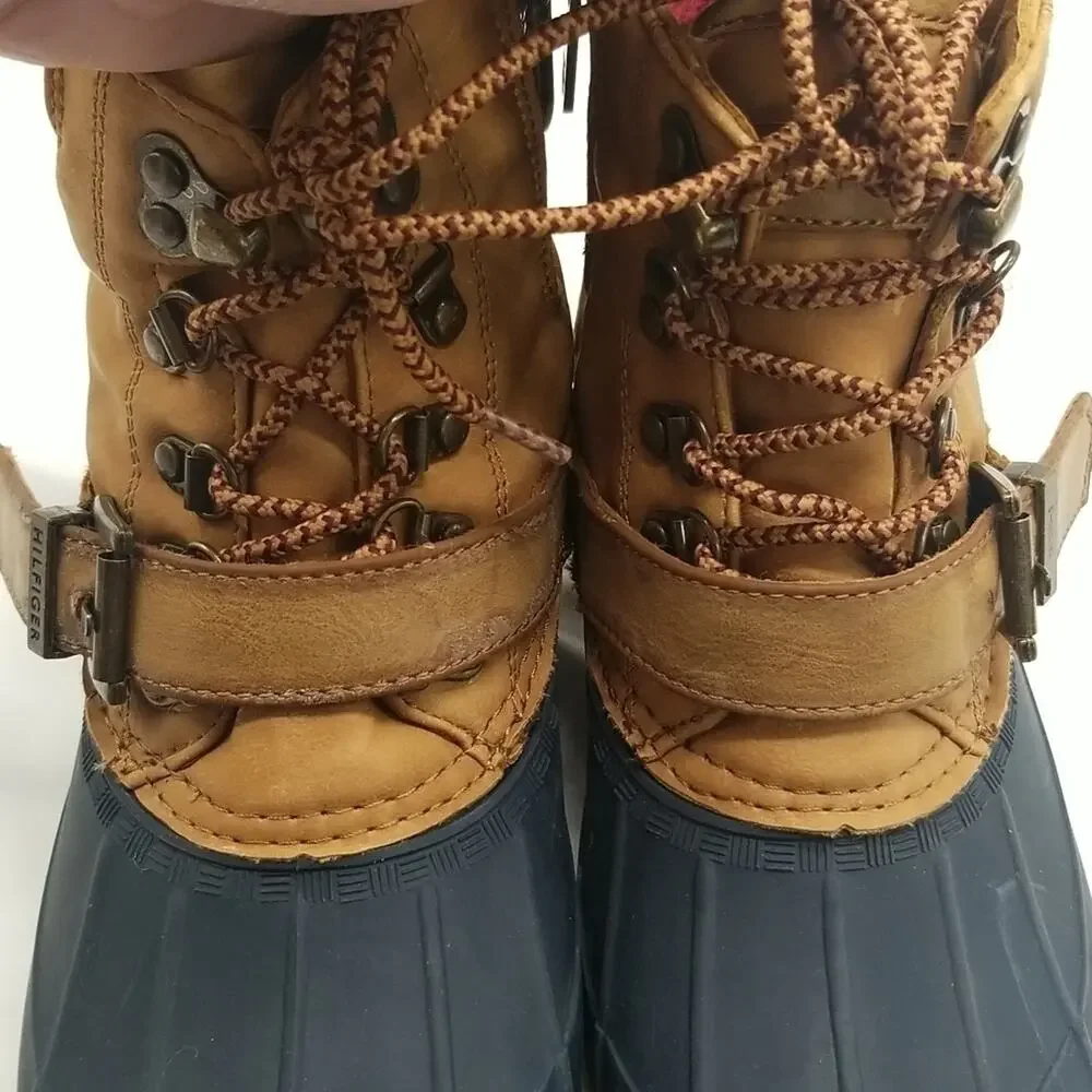 Tommy Hilfiger Women's SZ 8 Duck Boots Brown Blue Low Top Fleece Lined Leather
